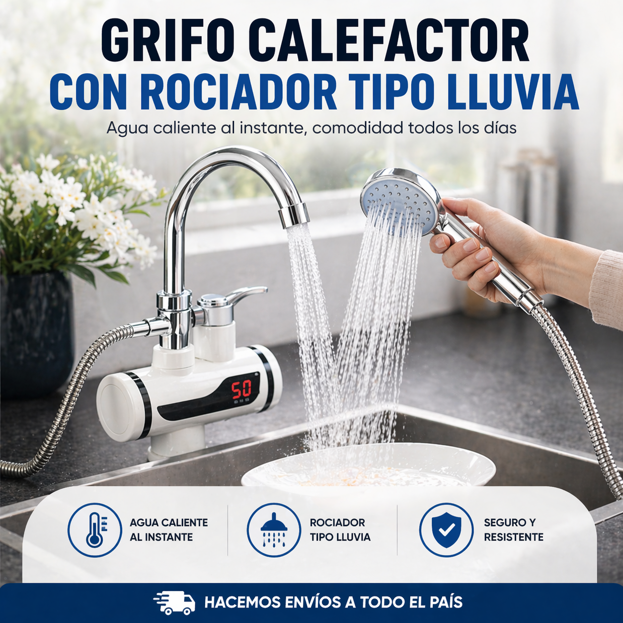 GRIFO CALEFACTOR CON ROCIADOR TIPO LLUVIA