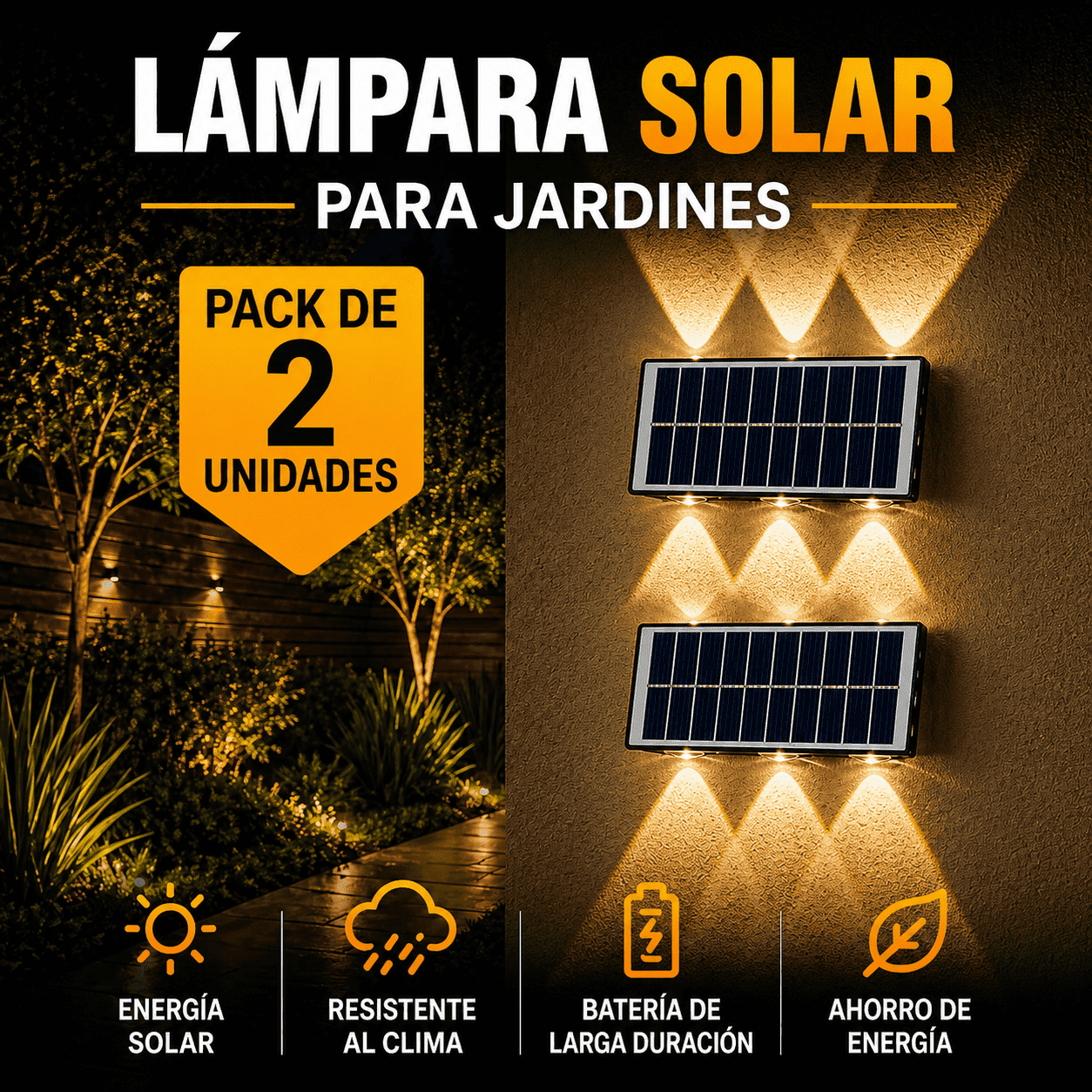LAMPARA SOLAR LED PARA EXTERIOR - PACK DE 2 UNIDADES