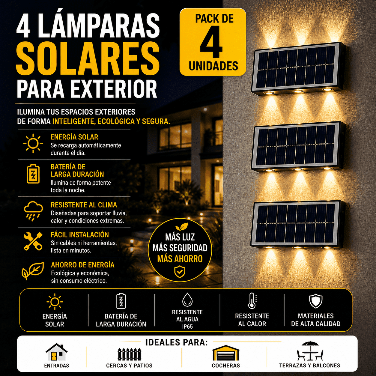 LAMPARA SOLAR LED PARA EXTERIOR - PACK DE 4 UNIDADES