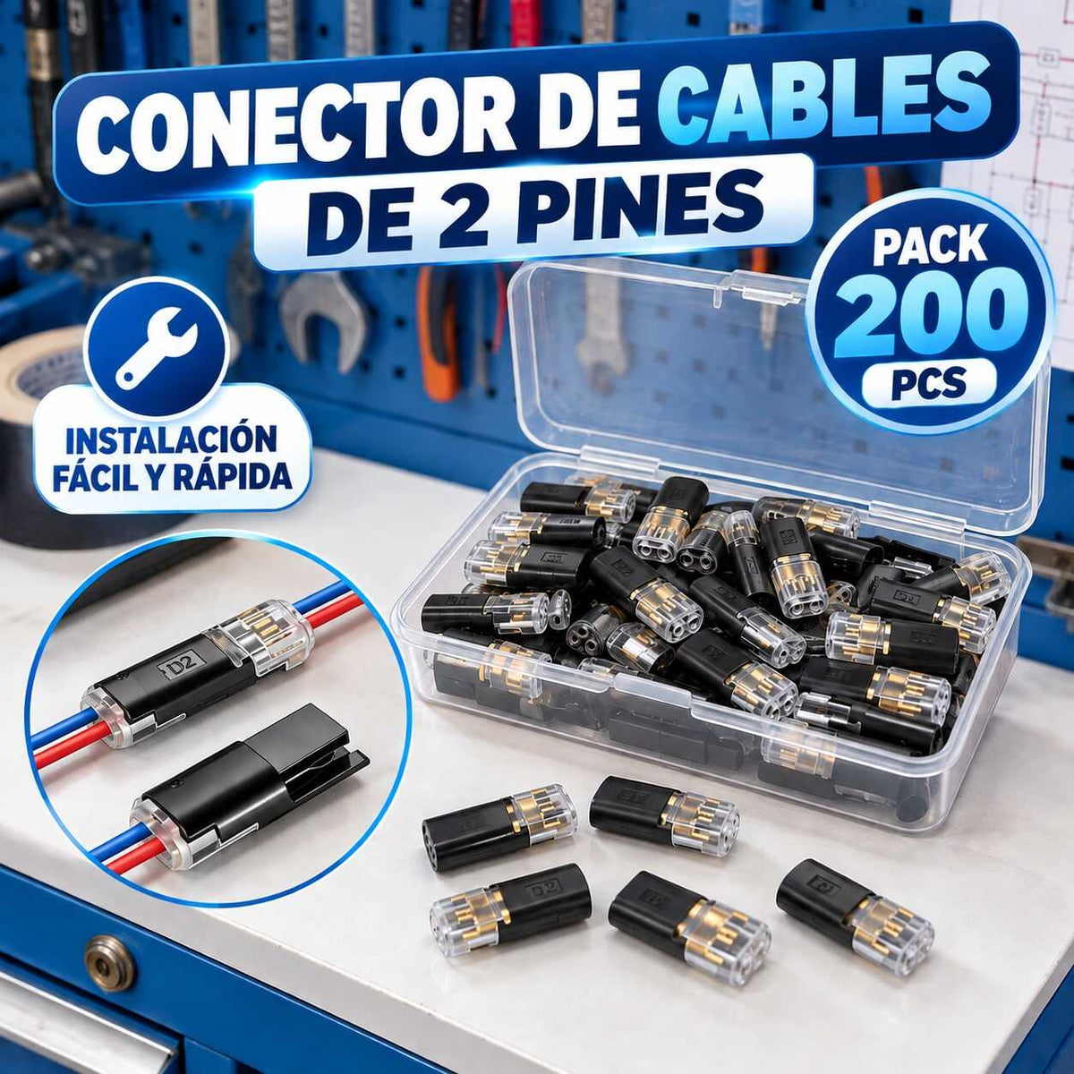 CONECTORES DE CABLES DE 2 PINES - SET DE 200 UNIDADES